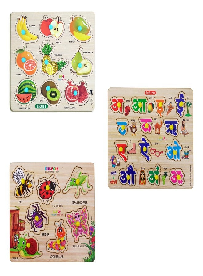 HIGHROOF® Kids Fort Pre Nursery Educational Jigsaw Puzzles for Adults Kids Learning Toys Kit Board Game 3 pcs Set of Fruits Hindi Letters & Insects Educational Toy - Image 1